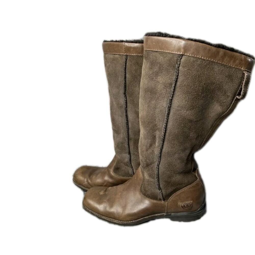 UGG Brookfield 5594 Brown Leather Sherpa Lined Pull On Tall Boots Womans Sz 8.5‎
